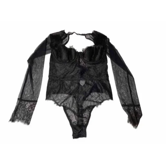 Victoria Secret Black Lingerie One Piece Long Sleeve Body Suit Lace 34b / 170 - Picture 2 of 9